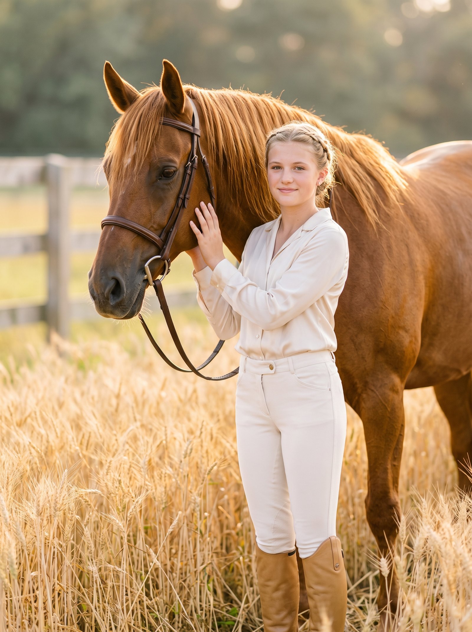 Golden field chestnut portrait - rider beside amber-maned horse in wheat