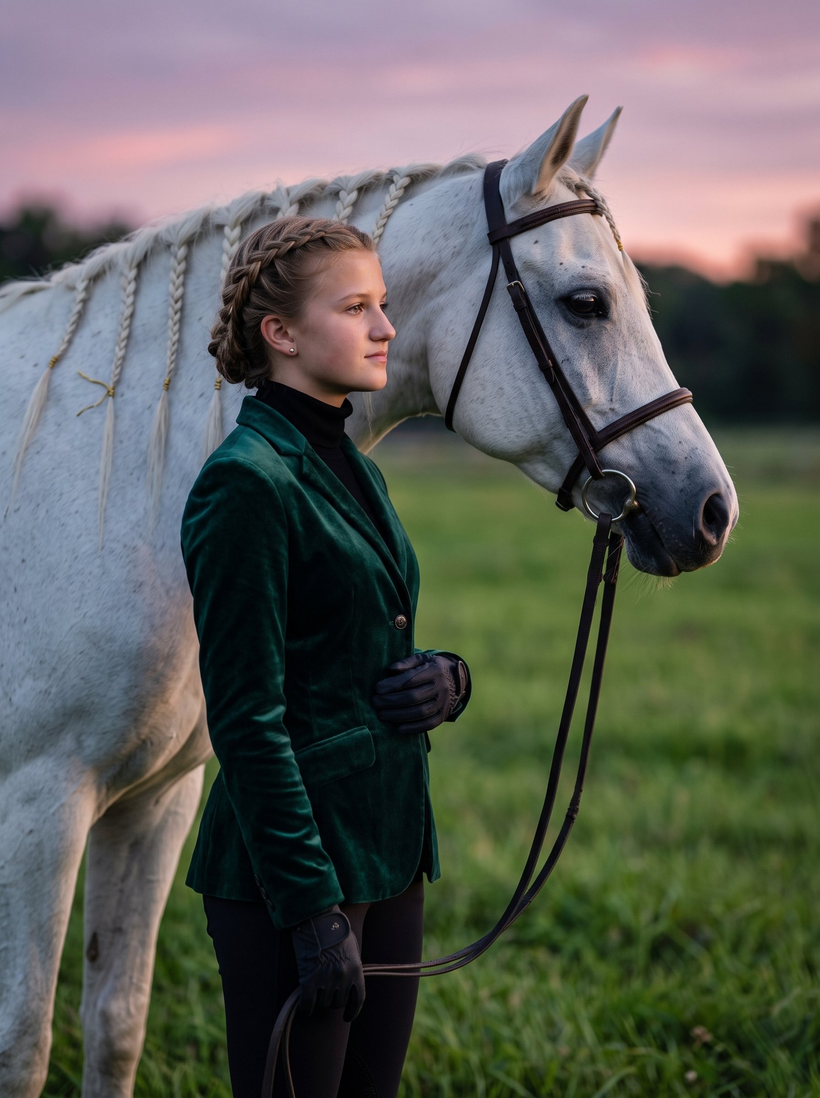 Dusk meadow white Arabian - velvet jacket rider with braided-maned horse