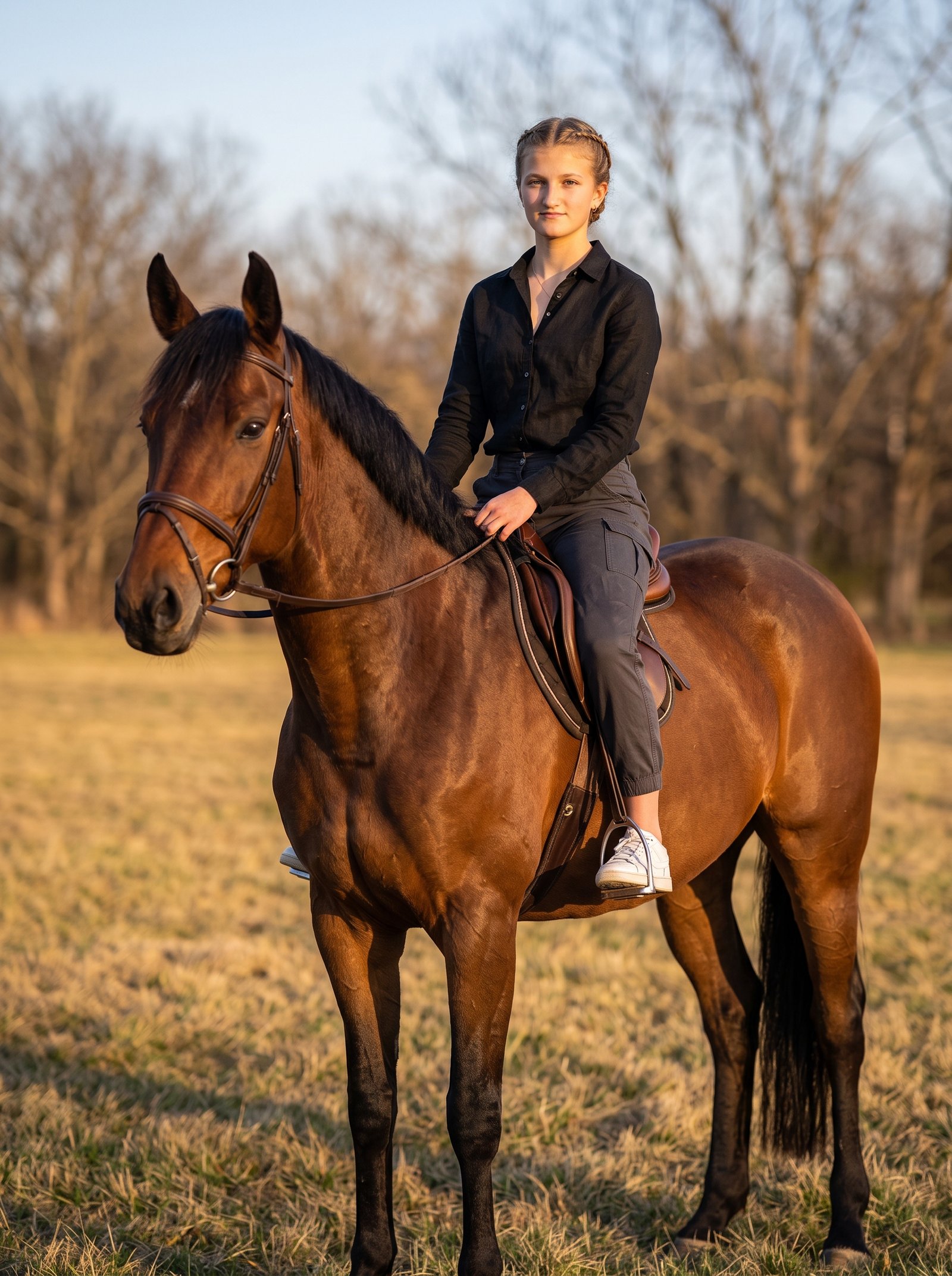 Black linen bay rider - relaxed rider on dark-maned bay horse