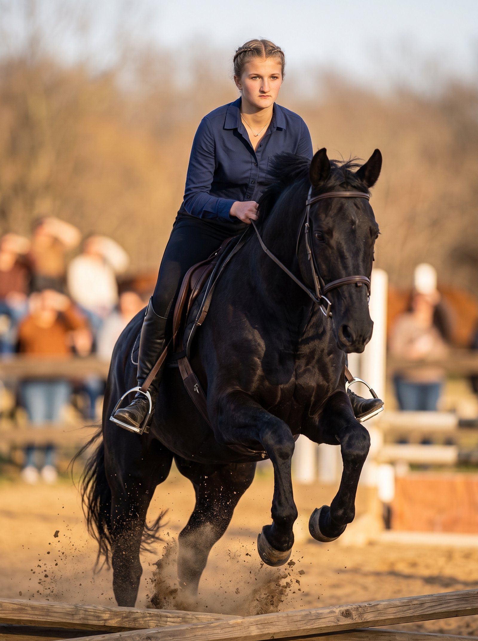 Arena jump action freeze - rider on leaping black horse over obstacle