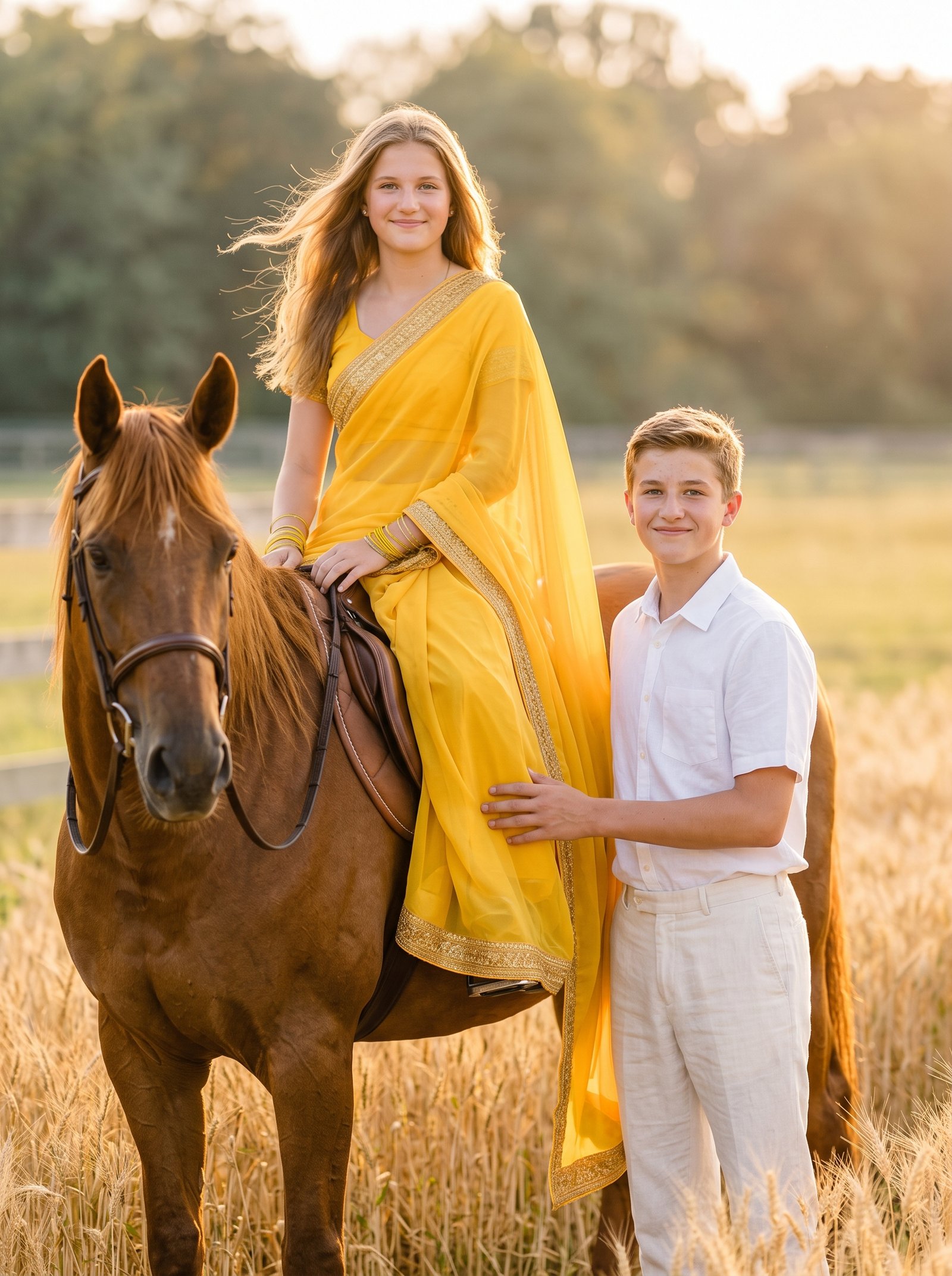 Saree golden hour couple - yellow chiffon rider with partner by chestnut horse