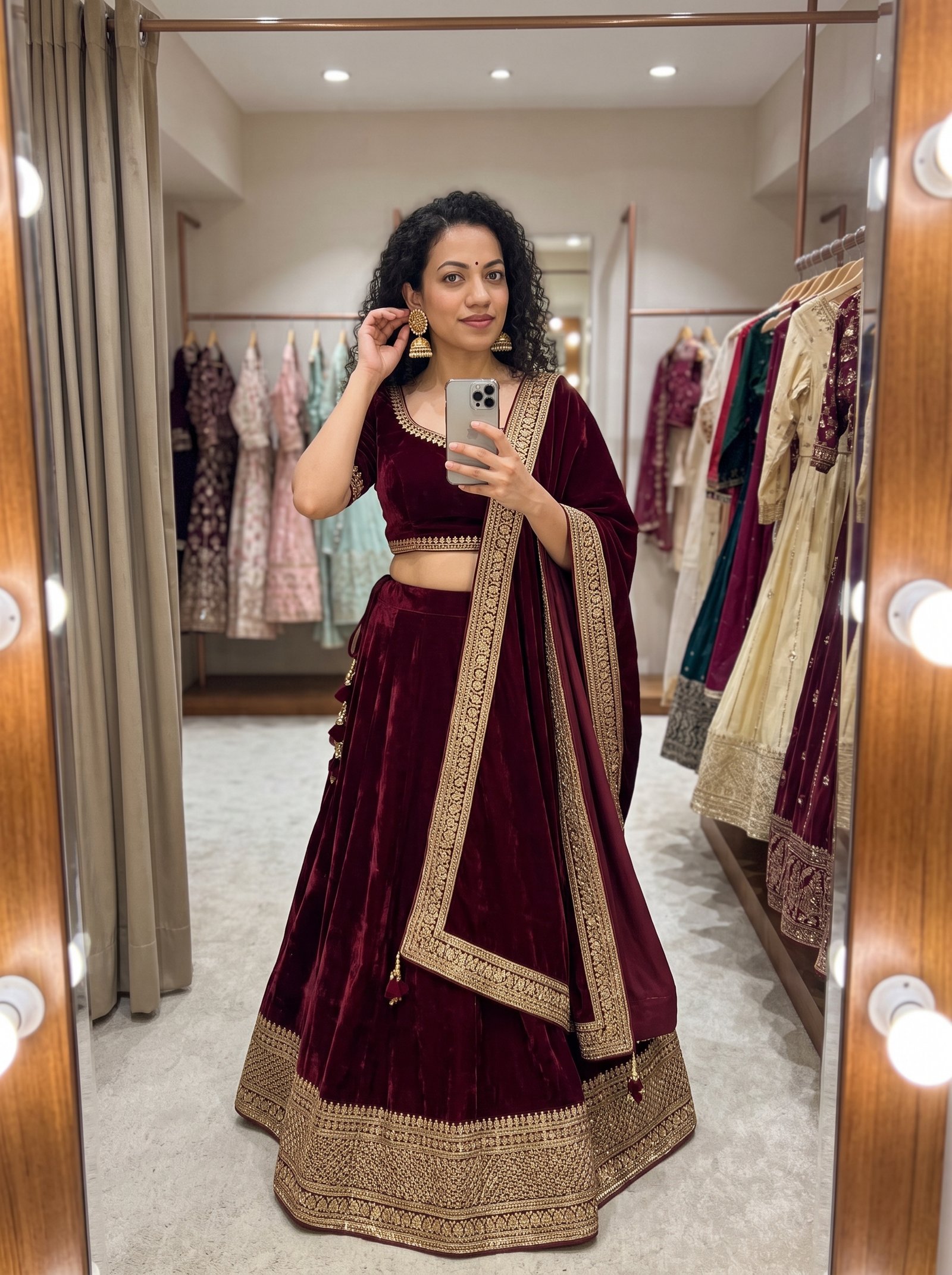 Mirror selfie maroon lehenga prompt example