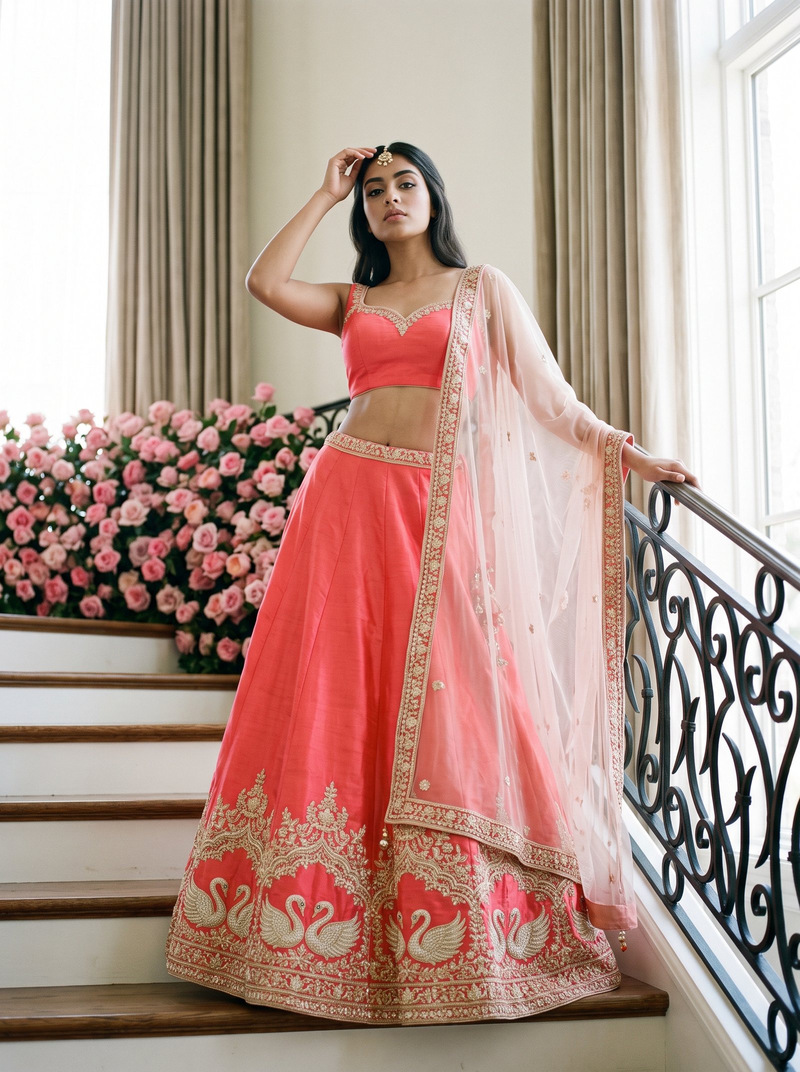 Coral staircase bridal lehenga - swan zardozi skirt among pink roses