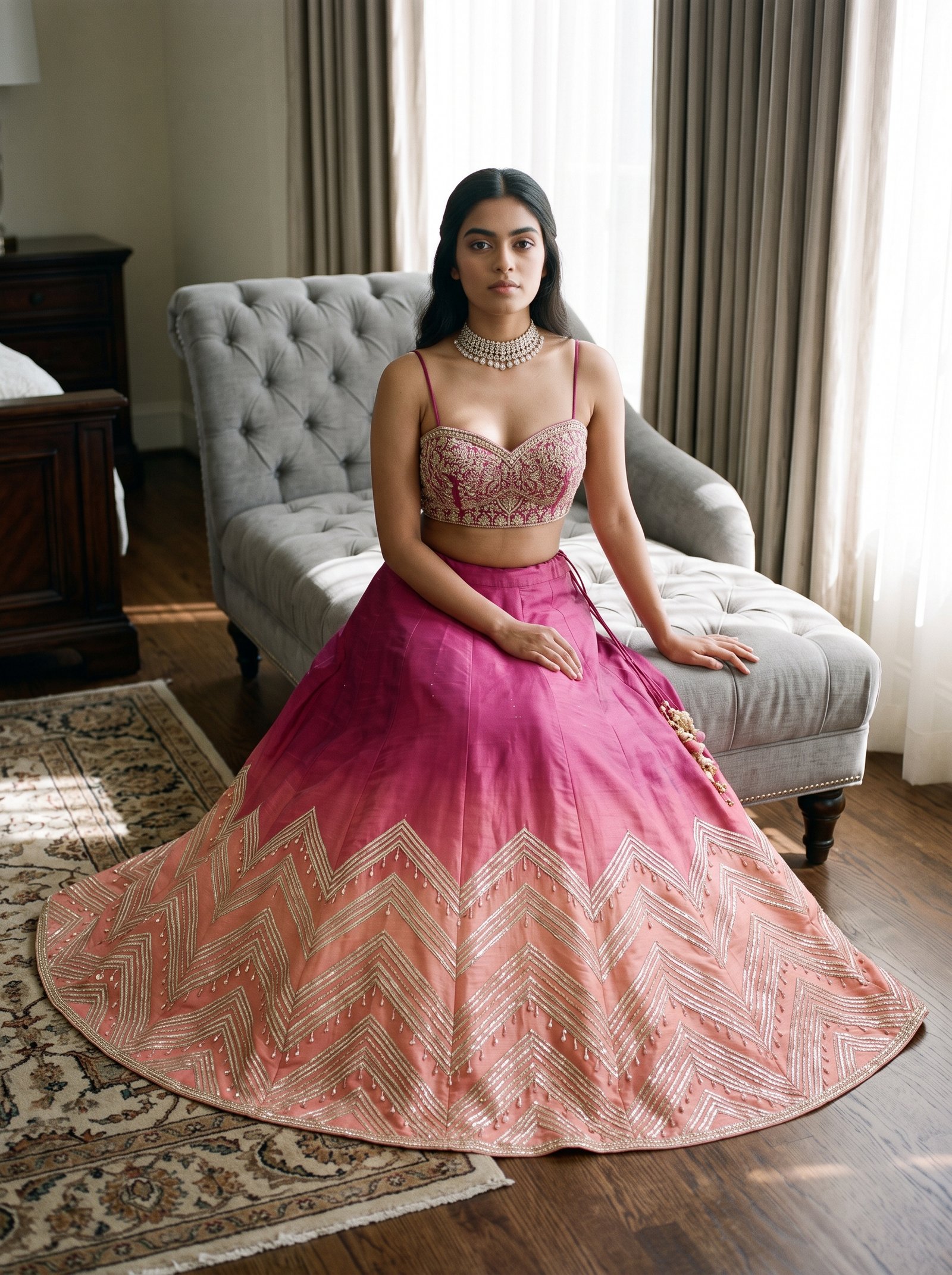 Ombre chaise indoor lehenga - magenta peach skirt on grey settee