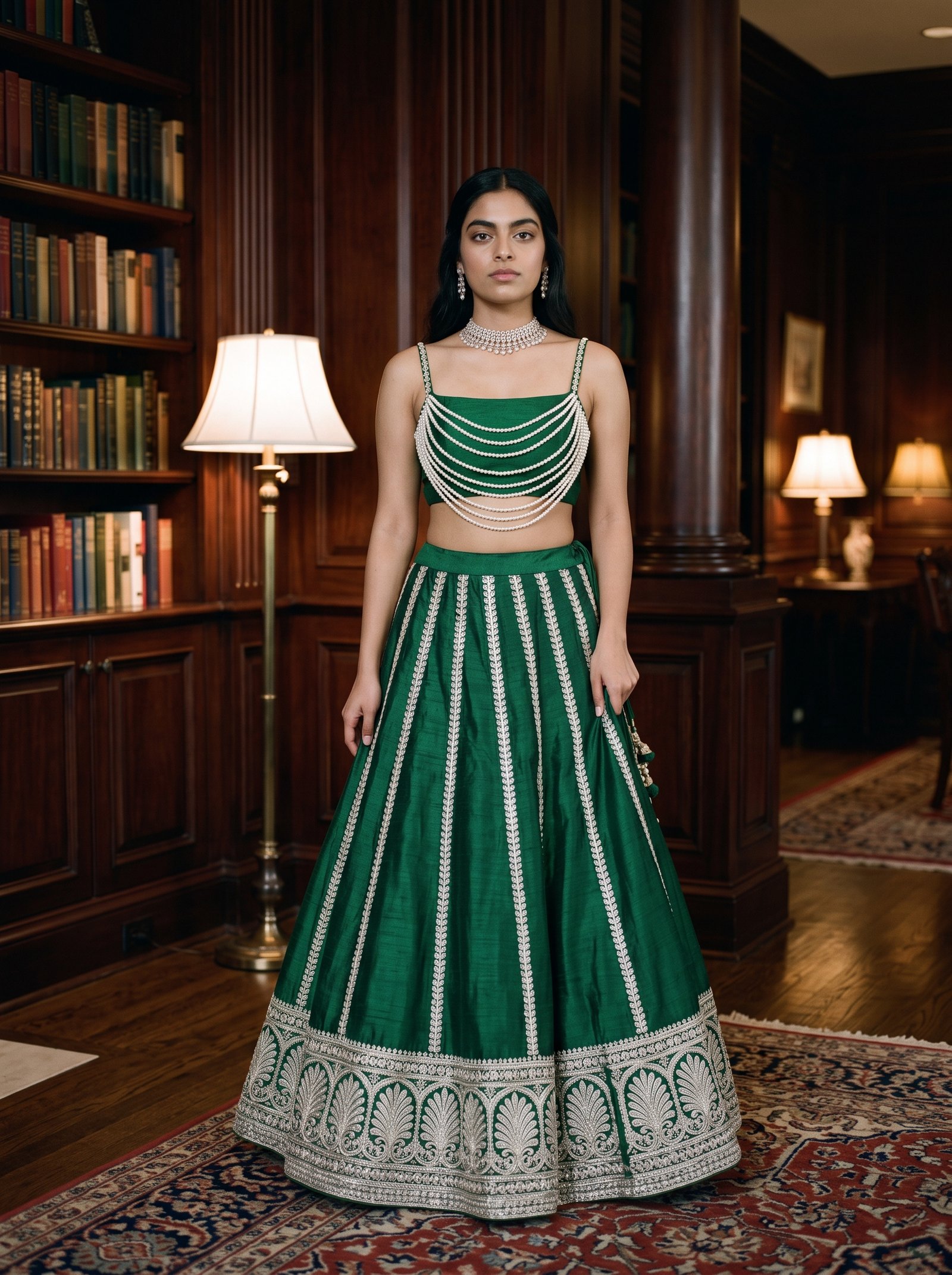 Emerald library heritage lehenga - green raw silk with pearl swags