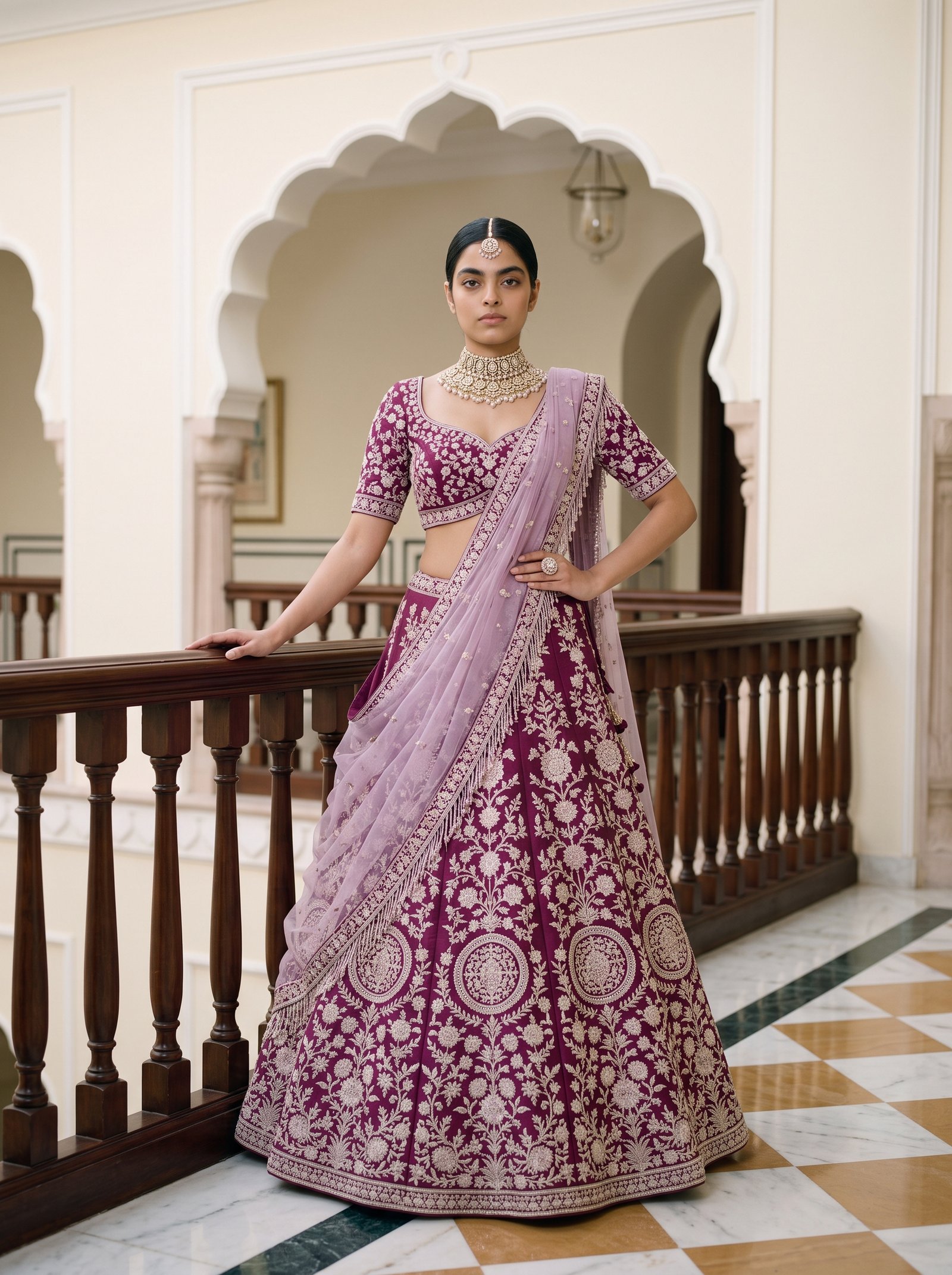Palace balcony bridal lehenga - magenta jaal skirt with lilac dupatta