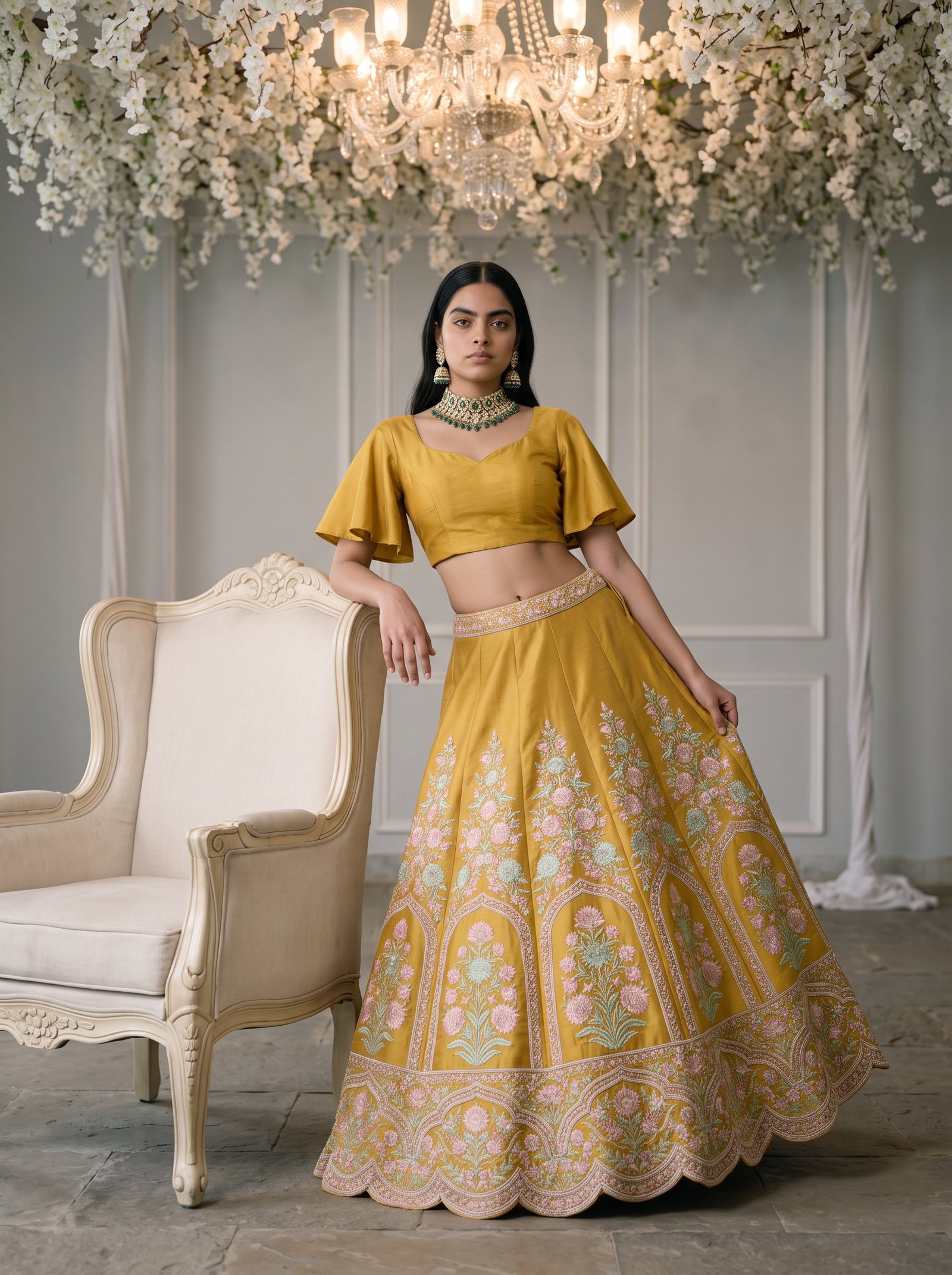 Mustard floral salon lehenga - yellow silk under blossom chandelier