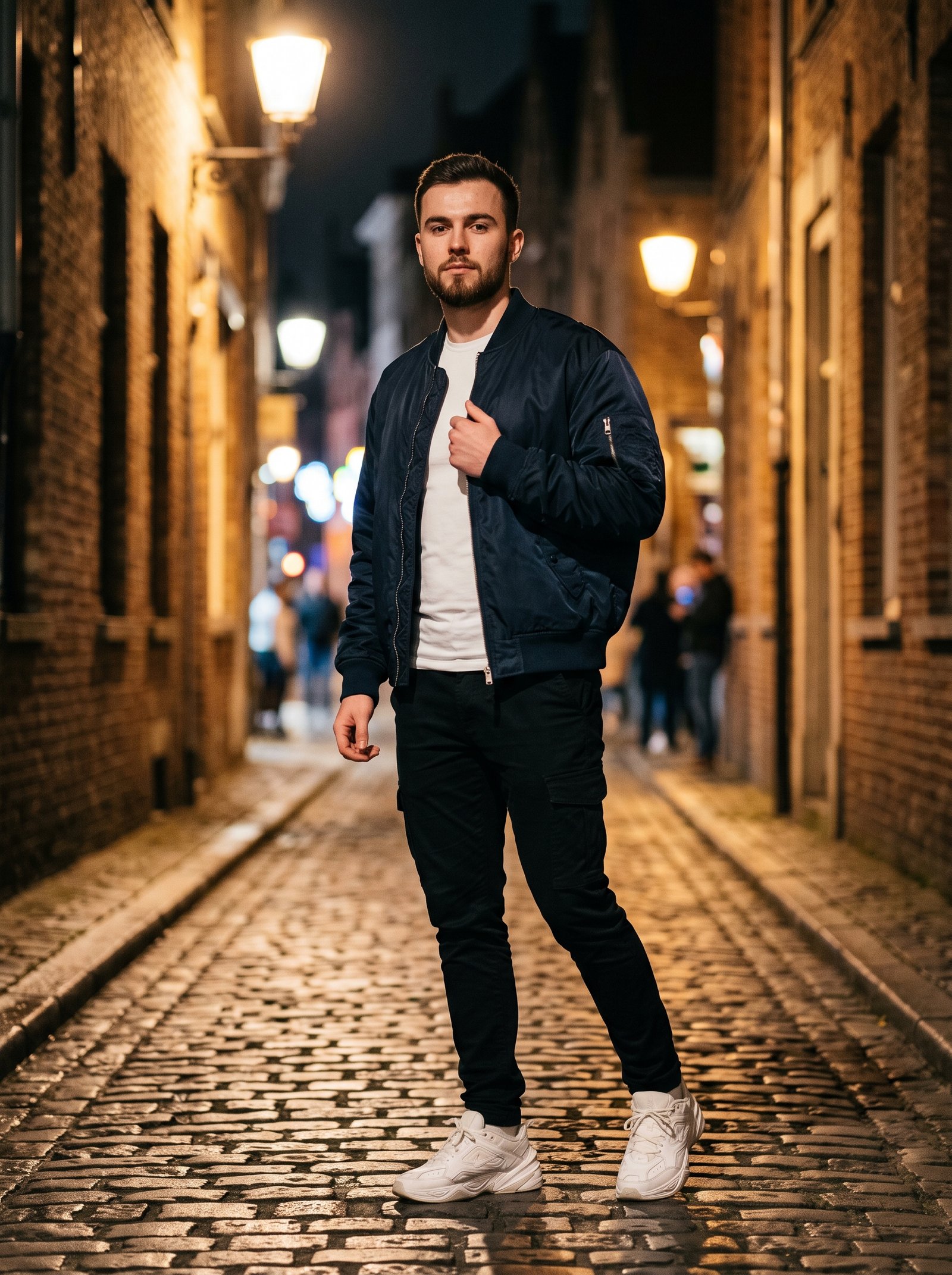 Amber lane bomber night - navy bomber jacket on lamp-lit cobblestones