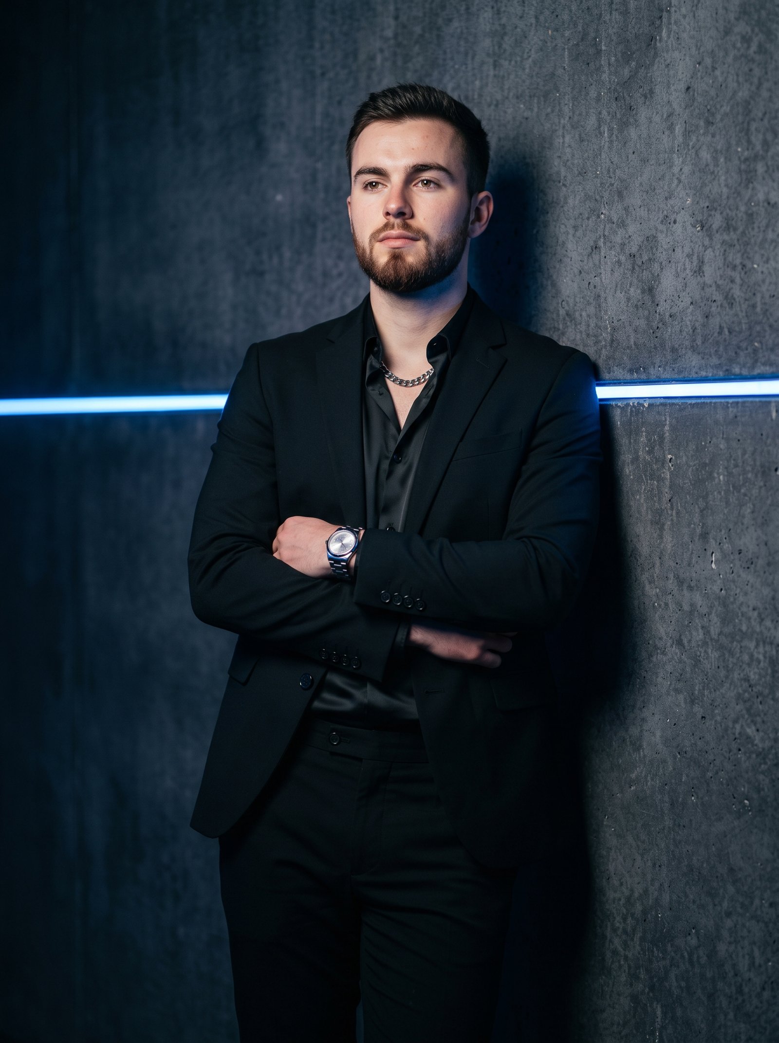 All-black club wall portrait - black co-ord set with blue LED strip