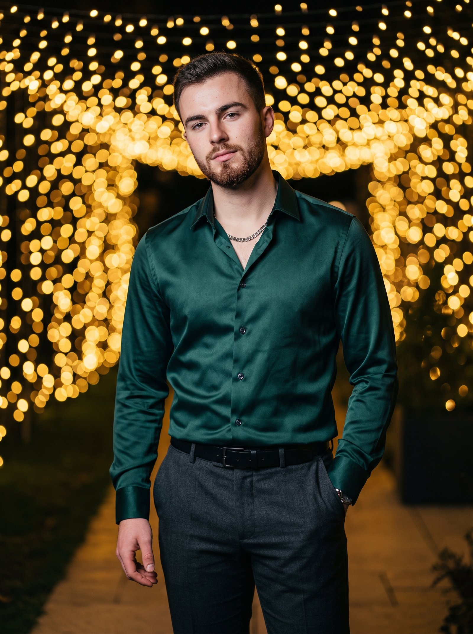 Emerald satin garden bokeh - green satin shirt under fairy lights
