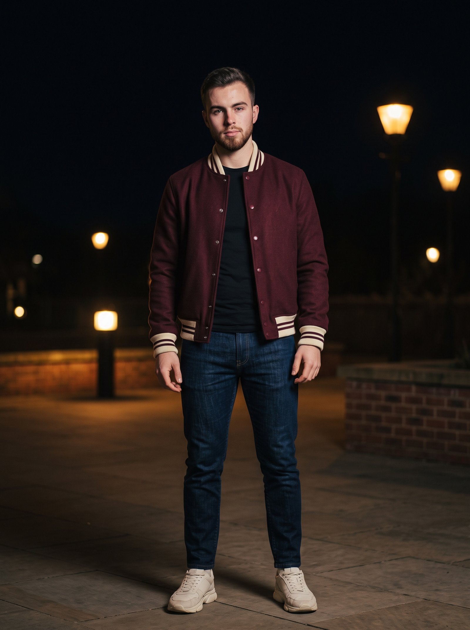 Burgundy plaza night grain - varsity jacket on lamp-lit plaza
