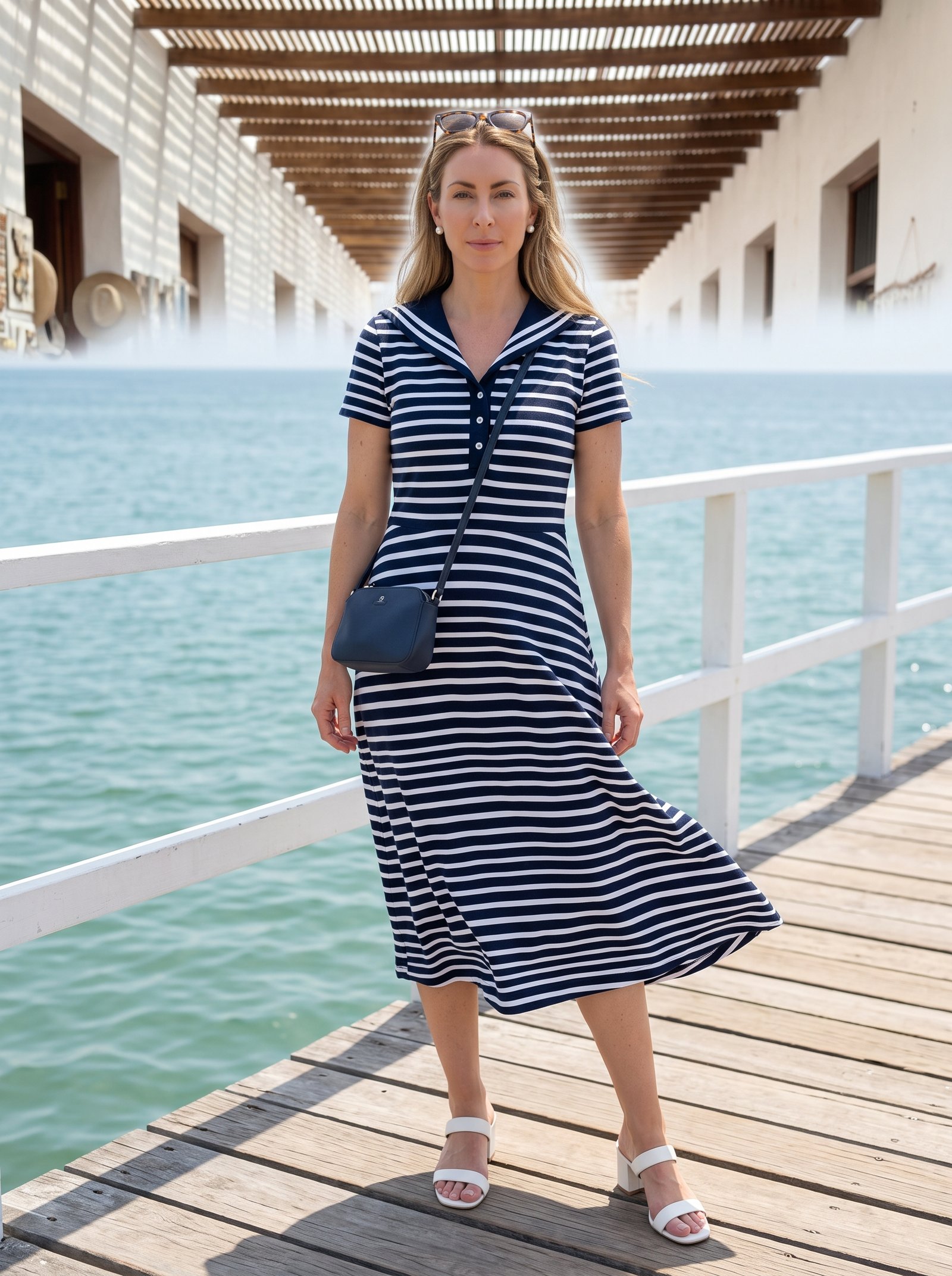 Ocean pier nautical editorial - striped sailor midi dress over sea